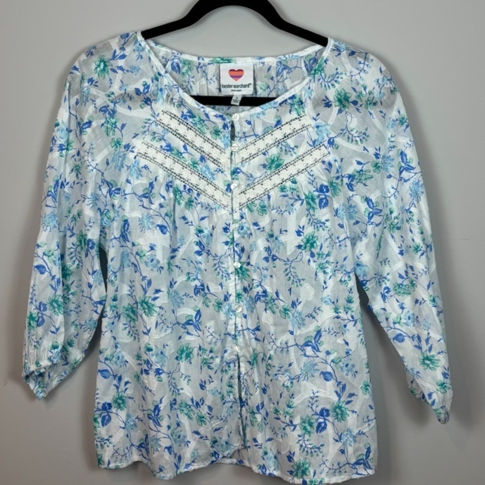 Hester & Orchard 3/4 Sleeve Blue Floral Lace Button Sheer Boho Blouse‎ Womens SM